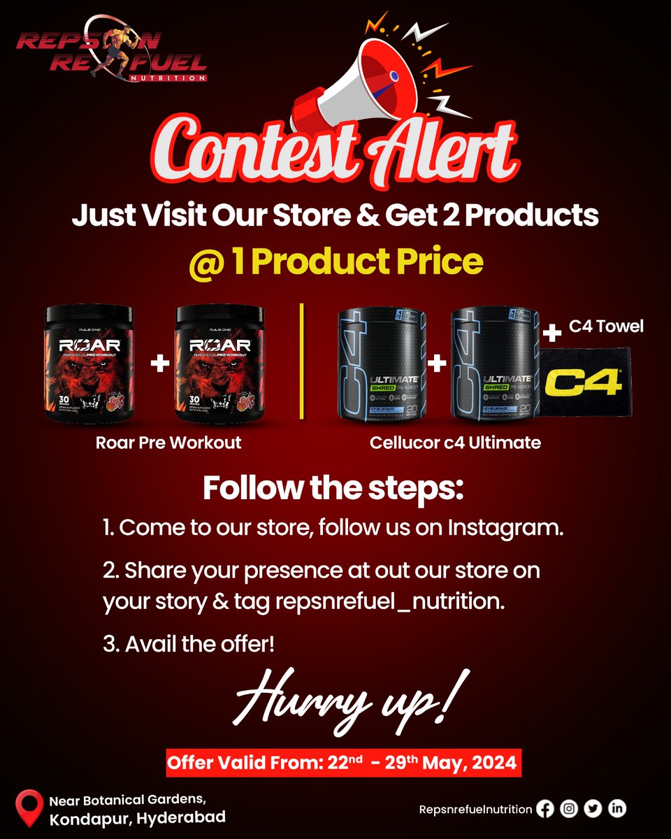 Get ready to double up on your favorites! Visit our store and unlock an exclusive offer: Buy 1 product, get another absolutely FREE!

#SpecialOffer #Buy1Get1 #Roarpreworkout #cellucor #LimitedTimeOffer #RepsnRefuel #nutritionstore #hyderabad #jublieehills #kondapur #contestalert