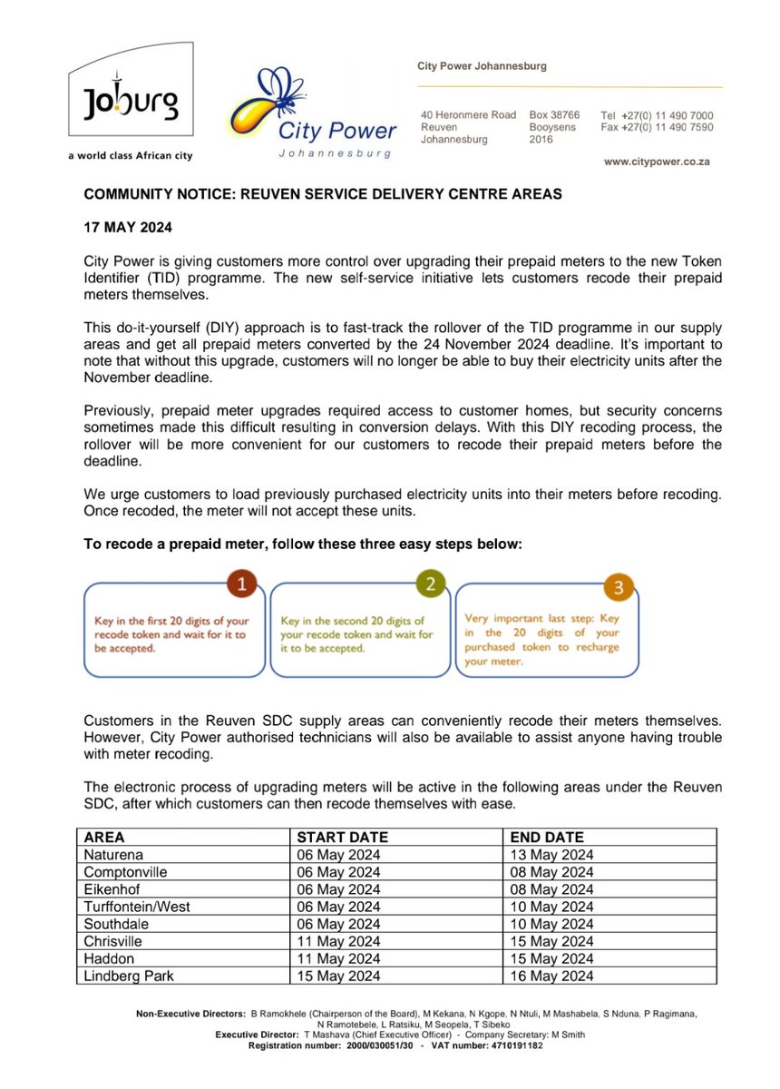 CityPowerJhb's tweet photo. #SmartMetersProject
#TIDRolloverProject #ReuvenSDC
Good Morning Customers.
For a smooth process, kindly ensure someone is available at home or provide access to our agents on the specified dates.
This week our teams will be visiting:
1. Forest Hill from 16 May 2024 until 22 May 2024
2. Booysens from 23 May 2024 until 25 May 2024
^ZD