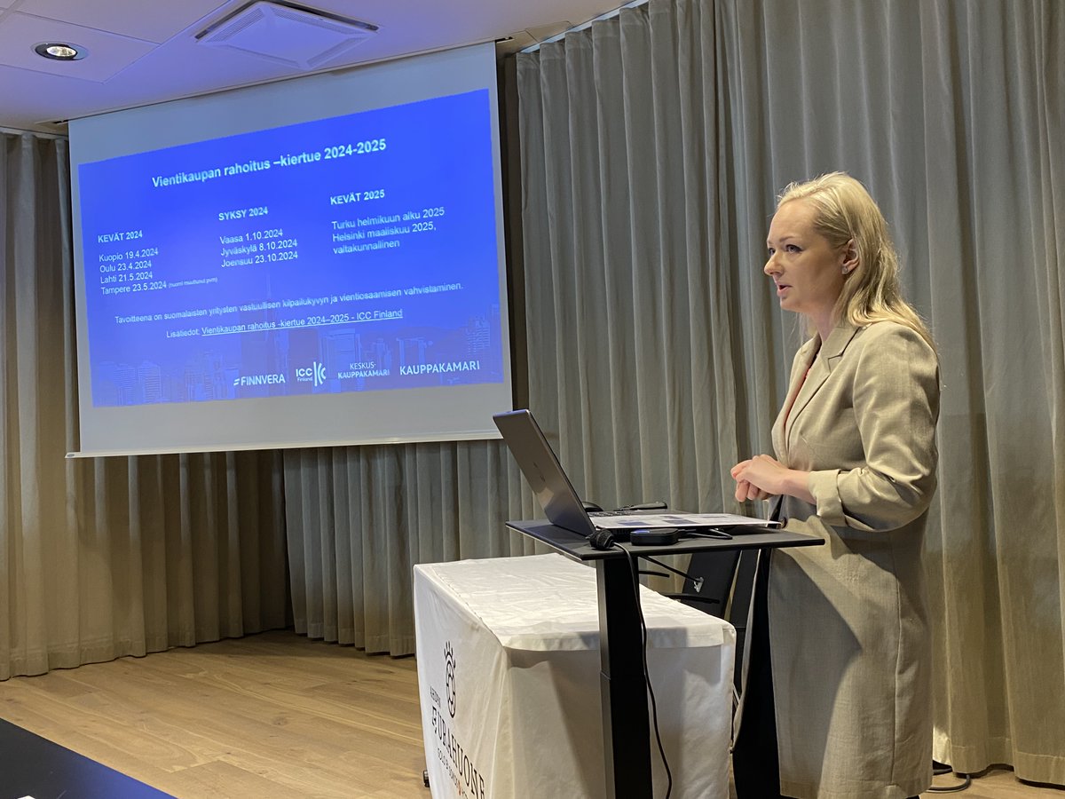 Kansainvälisen kauppakamarin ICC Suomen puheenvuoron pitää Asta Kouri <a href="/IccFinland/">ICC Finland</a>