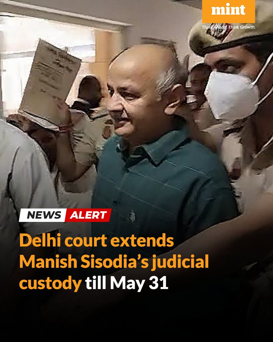 livemint's tweet image. Delhi's Rouse Avenue Court on Tuesday extended the judicial custody of former Deputy CM #ManishSisodia till May 31 in the Delhi liquor #excisepolicycase

Read here: read.ht/SbCp