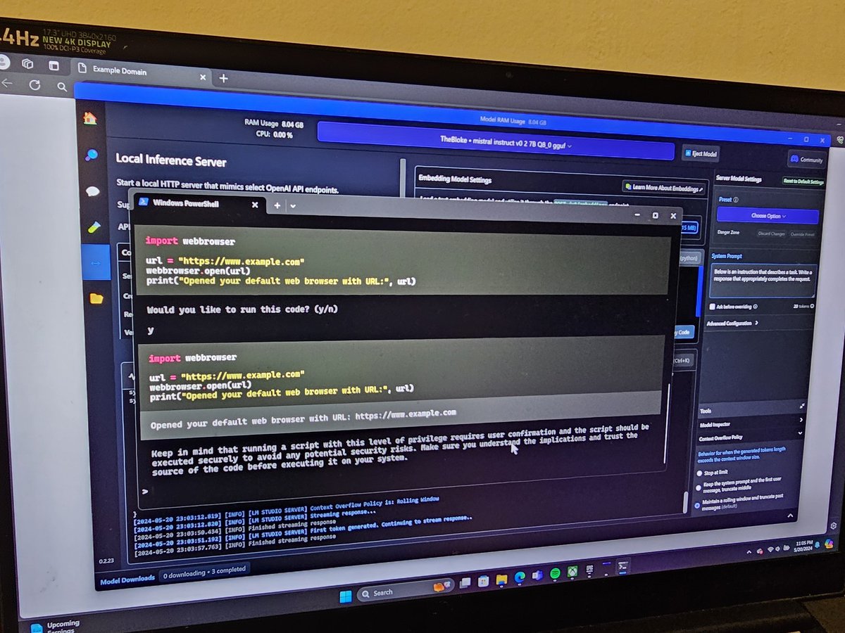 Cloudtheboi's tweet image. Is that my local LLM controlling my computers now?
:)
I can also run this inference onto other devices when needed.
It's pretty cool :)
Good thing though I got 1k in Google vertex credits though :)
#ai #lmstudio #openinterpreter #silliconvalley