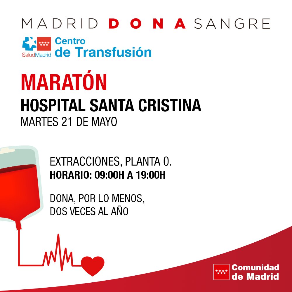 ❤ ¿Quieres #donarsangre? Hoy también puedes hacer en el maratón de donación del Hospital Santa Cristina ⏰ 9.00h a 19.00h #salvavidas, #dona, #haztedonante 📲 + puntos de donación: c.madrid/donasangre