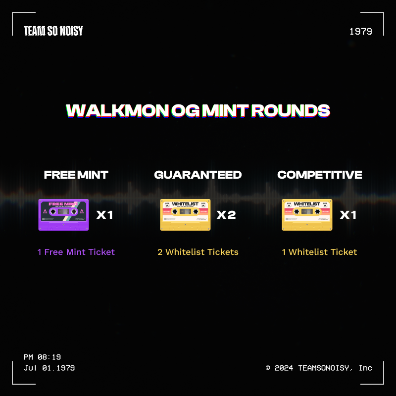 TeamSoNoisy's tweet photo. 2/ Mint Rounds ← Required Ticket(s)

There will be three rounds:

1️⃣ Free Mint ← 💜 Free Mint ticket
2️⃣ Guaranteed (Price TBD) ← 💛 2 WL tickets
3️⃣ Competitive (Price TBD) ← 💛 1 WL ticket

‼️ Each wallet can have up to 2 WL tickets and 1 Free Mint ticket ‼️ https://t.co/1h8hGMXYEV
