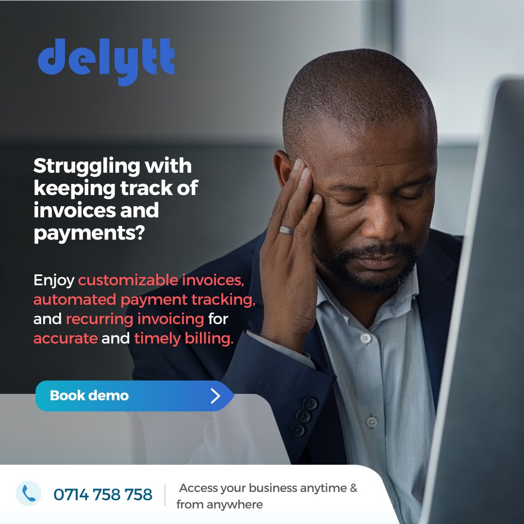 Having trouble keeping track of invoices and payments for your business?
Simplify the process with Delytt POS! Enjoy  customizable invoices, automated payment tracking, and recurring  invoicing for accurate and timely billing.
Call us: 0714 758 758
#Payments #Invoice #SMEs