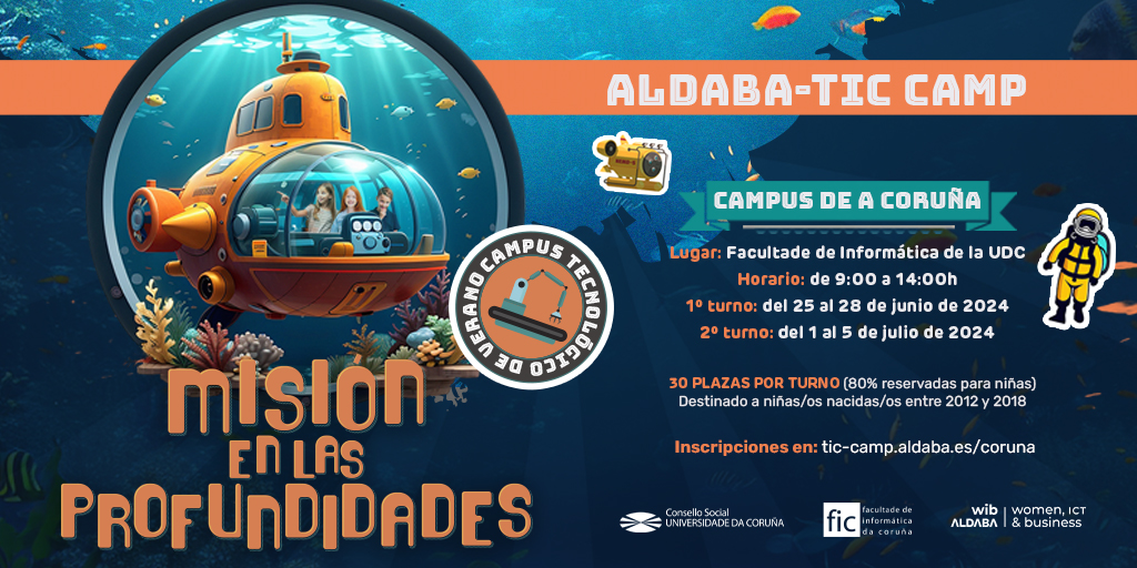 Inscripción abierta para el ALDABA-TIC CAMP Coruña!! Anímate a explorar el fondo del mar con nosotros!
 tic-camp.aldaba.es/coruna
@CSocialUDC <a href="/FIC_UDC/">Facultade de Informática da UDC</a> <a href="/playcodeacademy/">Play Code Academy</a>