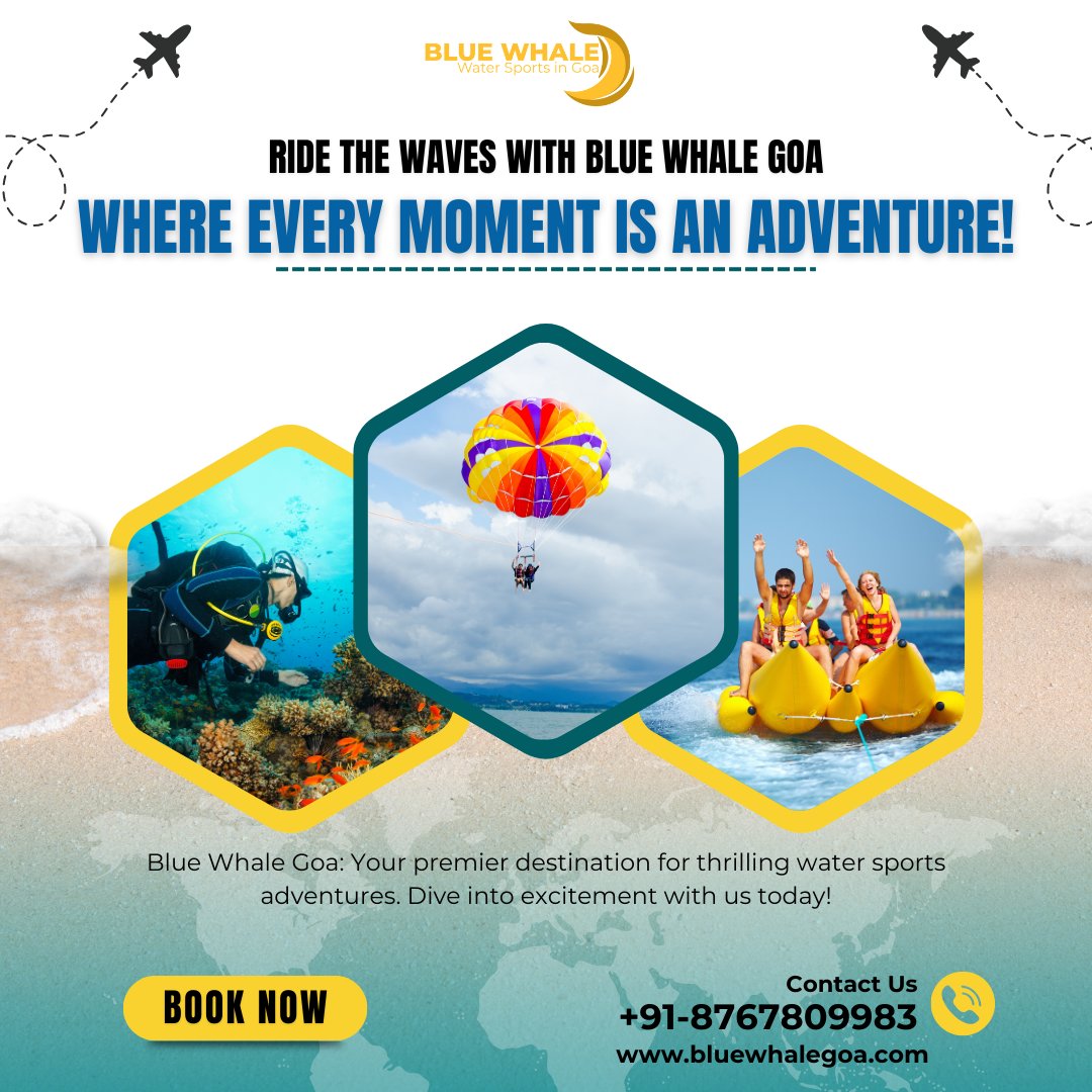 Dive into adventure with Blue Whale Goa! 🌊 Explore scuba diving, parasailing, kayaking, and jet skiing. Book now at Baga Beach, Goa. Contact: +91-8767809983. #BlueWhaleGoa #Adventure #Goa