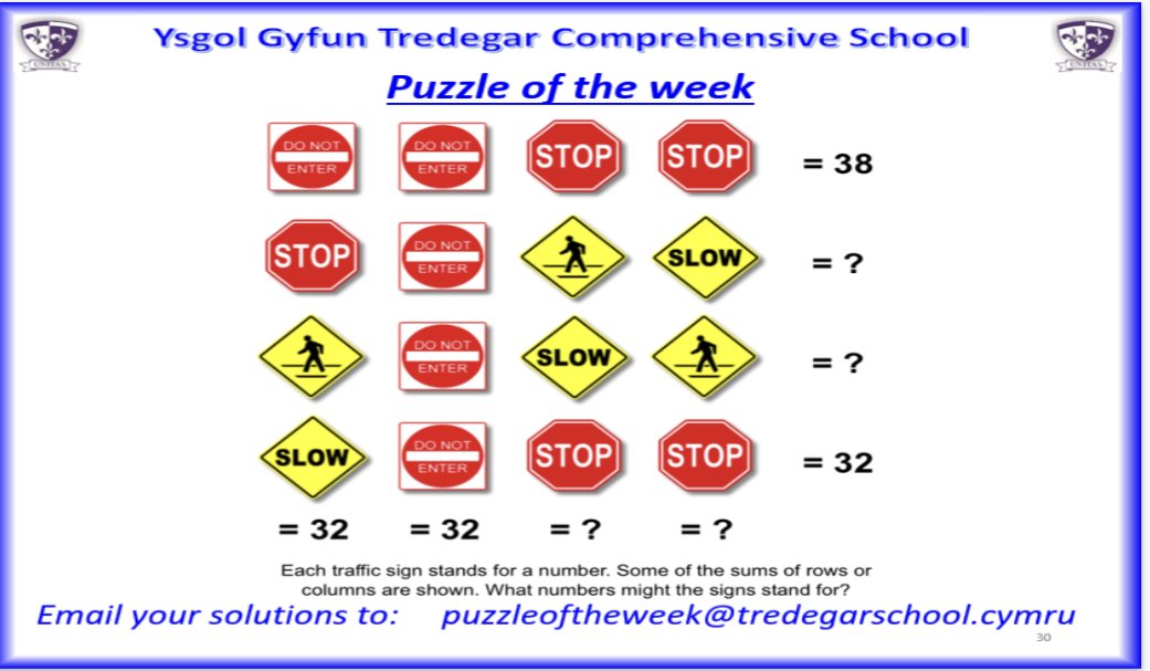 Bore Da YGTCS here is your puzzle of the week.

This week's picture puzzle requires you to find the values of the question marks shown below.

Please send your solutions to puzzleoftheweek@tredegarschool.cymru or bring paper solutions to Mr Vokes in J9.