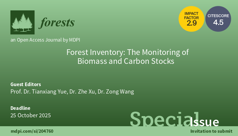 🌲 #Forests 🌲Open for Submissions New Special Issue: #Forest #Inventory: The #Monitoring of #Biomass and #CarbonStocks 👨‍🔬 Guest Editors: Prof. Dr. Tianxiang Yue, Dr. Zhe Xu and Dr. Zong Wang 👉mdpi.com/journal/forest… ☘ #remotesensing #data #climate #biodiversity #policy