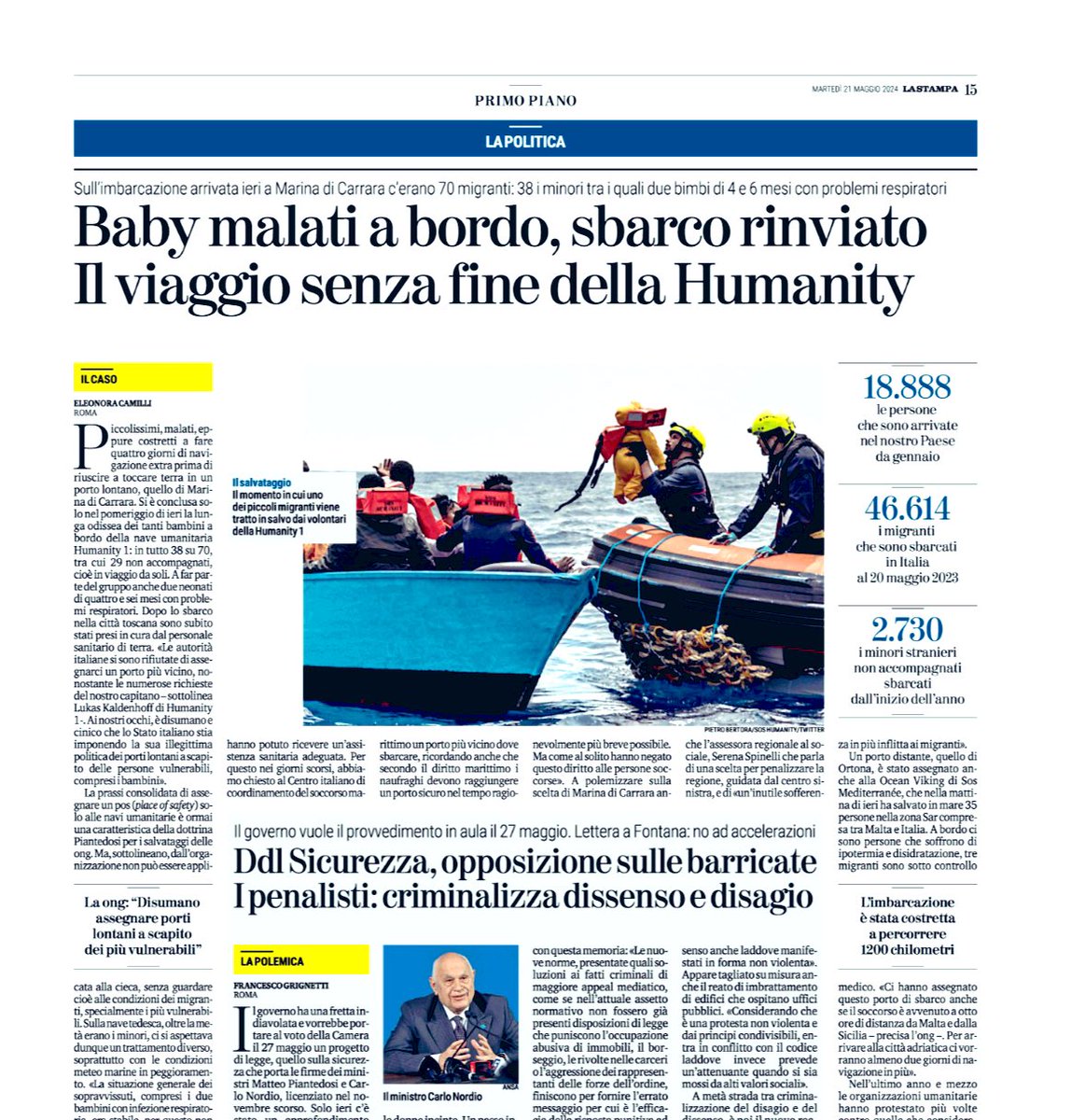 EleonoraCamilli's tweet photo. La prassi di assegnare porti lontani alle ong non risparmia nessuno. Poco importa se a bordo ci siano 38 minori su 70 migranti. E se tra questi due siano neonati con problemi respiratori 

Su La Stampa il racconto dell’odissea dell’Humanity1 ’ @soshumanity_en https://t.co/NFaYoIkqtX