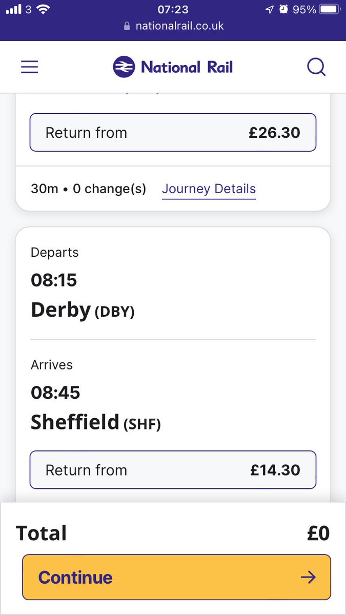 30min, no changes train journey.
Prices alternate £26.30, £14.30, £26.30 - high, low, high, low.
The difference?
@CrossCountry services cost more than @EastMidRailway.
Not the first time I’ve noticed this.
Can anyone explain? These are all peak time journeys very close in time!