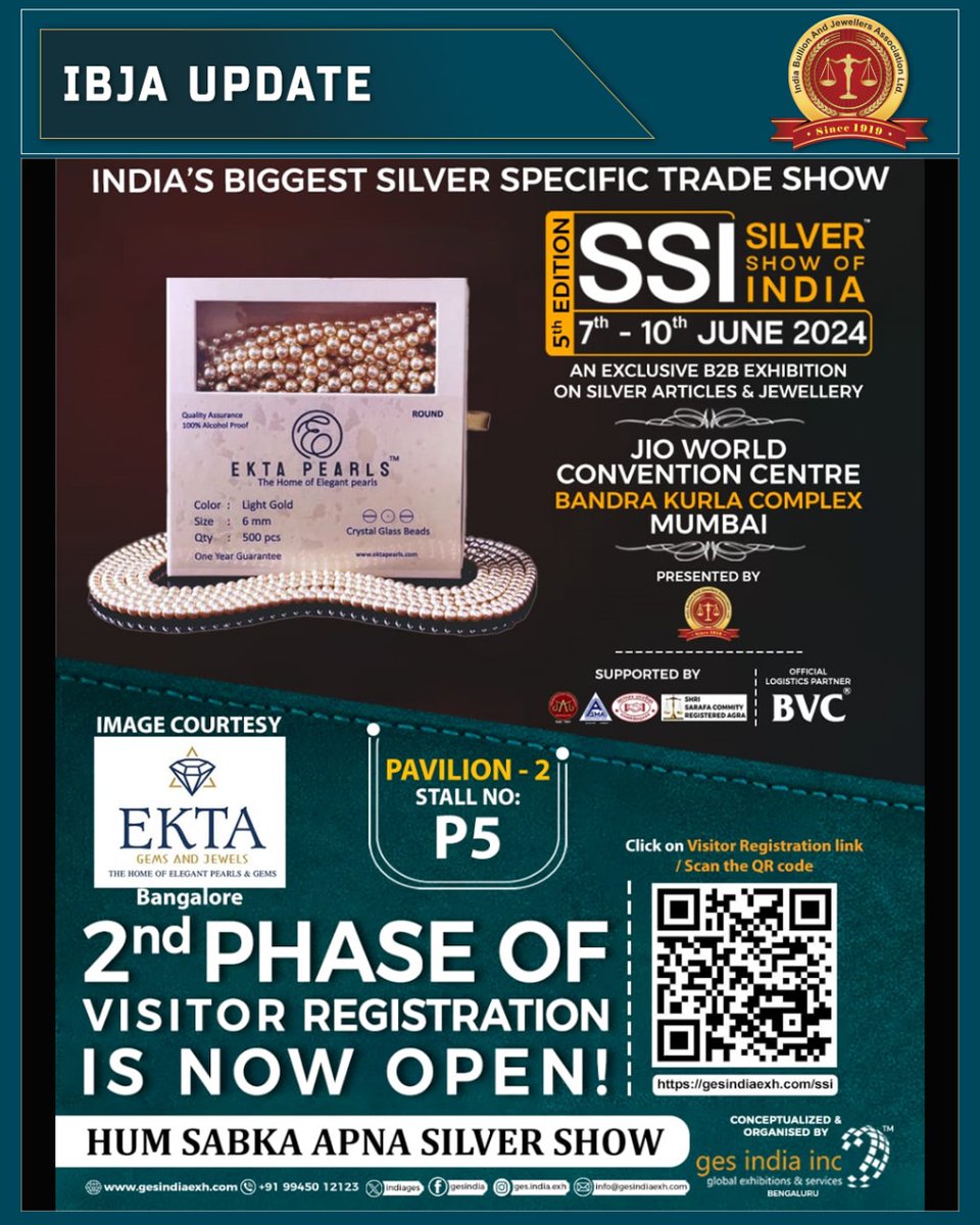 *Dear Patrons* We cordially welcome you to the 5th edition of *INDIA’S BIGGEST SILVER SPECIFIC TRADE SHOW - “SILVER SHOW OF INDIA”* (An Exclusive B2B Exhibition on Silver Jewellery & Articles). *HUM SABKA APNA SILVER SHOW* *Venue: Jio World Convention Centre, BKC, Mumbai.*