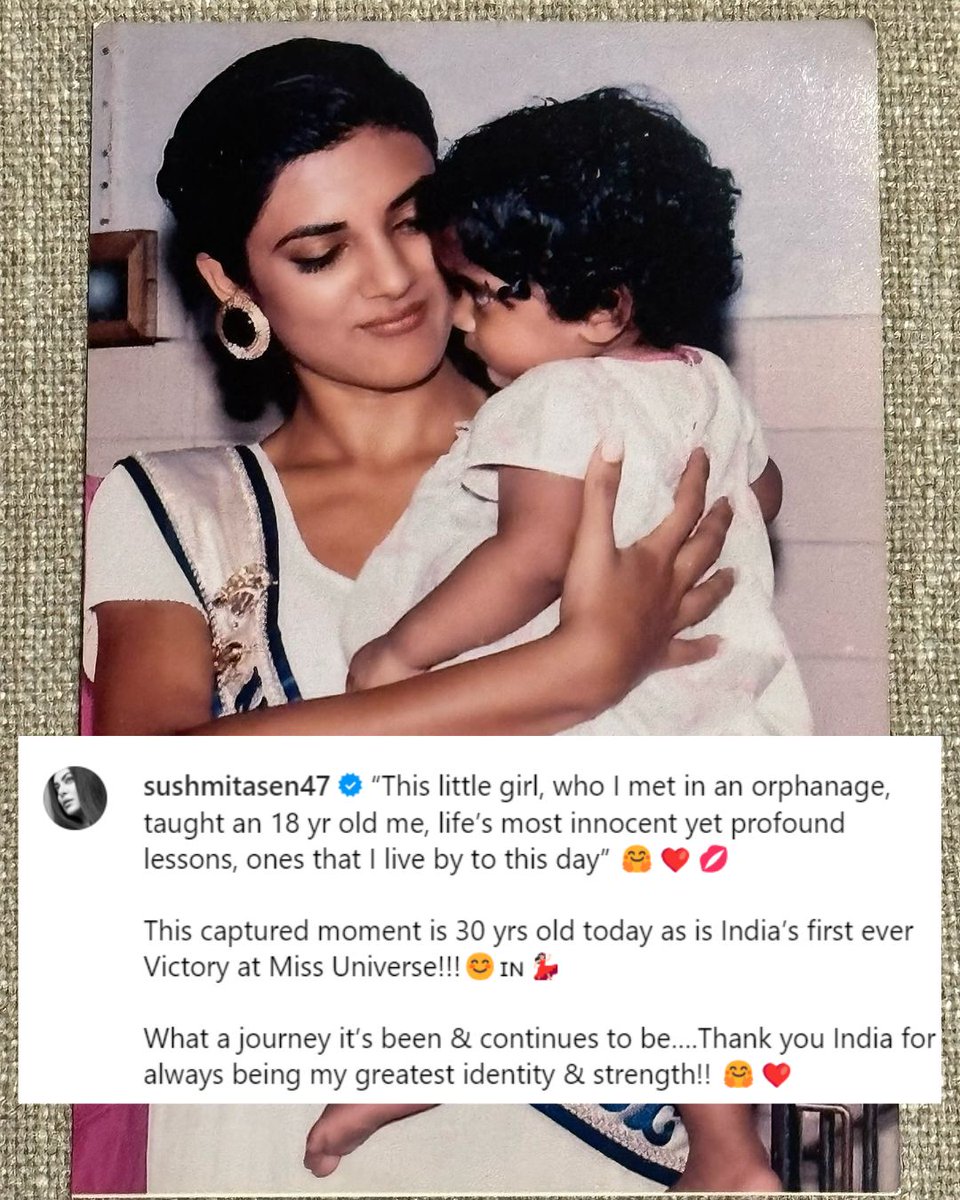 #SushmitaSen celebrates 30 years of winning #MissUniverse with a throwback picture!

“This little girl, who I met in an orphanage, taught an 18 yr old me, life’s most innocent yet profound lessons, ones that I live by to this day'

#bollywood #beautypageant
@thesushmitasen