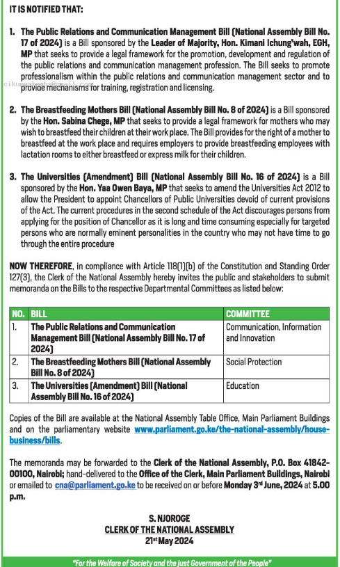 🚨A call for public participation!🚨 .@NAssemblyKE is inviting comments on the following Bills: 1. The Breastfeeding Mothers Bill (National Assembly Bill No. 8 Of 2024 2. The Universities (Amendment) Bill (National Assembly Bill No. 16 Of 2024) 3. The Public Relations and