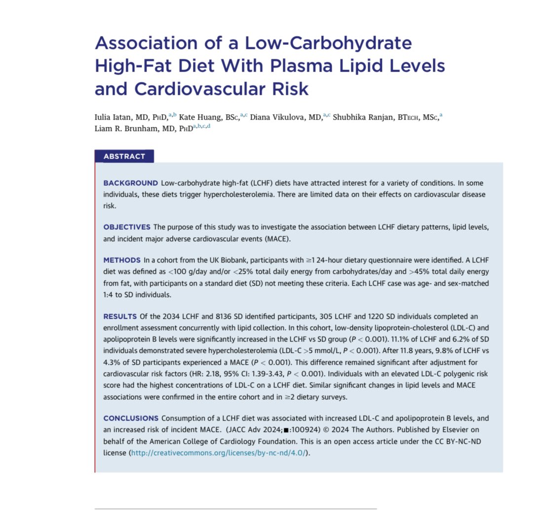 A recent study to continue the debate around diets 

“Consumption of a Low Carbohydrate High Fat diet was associated with increased LDL-C and apolipoprotein B levels, &amp; an increased risk of incident MACE (major adverse cardiovascular events)”

Link:

sciencedirect.com/science/articl…