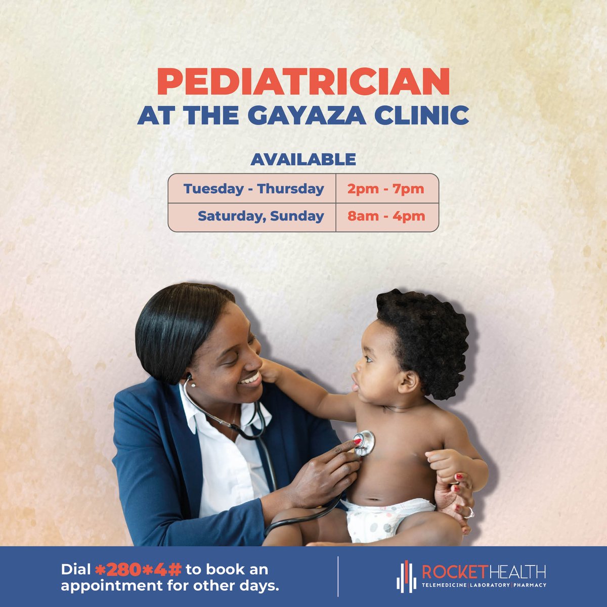 Make the little ones' health a priority: Our Pediatrician is available for walk-ins at the #RocketHealth Gayaza Clinic and appointments via 📲*280*4#