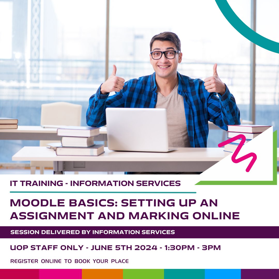 The IT Training Team now offer UoP Staff a Moodle Basics: Setting up an Assignment & Marking Online Course. During this session, you’ll create an assignment activity, set up Turnitin to create a similarity score & use Moodle online marking.  More info:  tinyurl.com/5n6efekc
