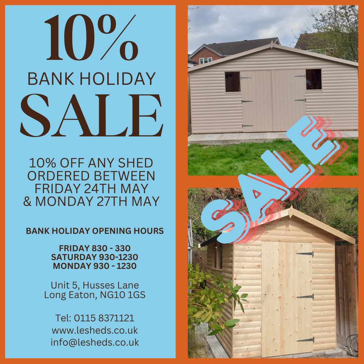 ShedsLong's tweet image. Get 10% off any shed ordered in our Spring Bank Holiday Sale. 
More info at lesheds.co.uk