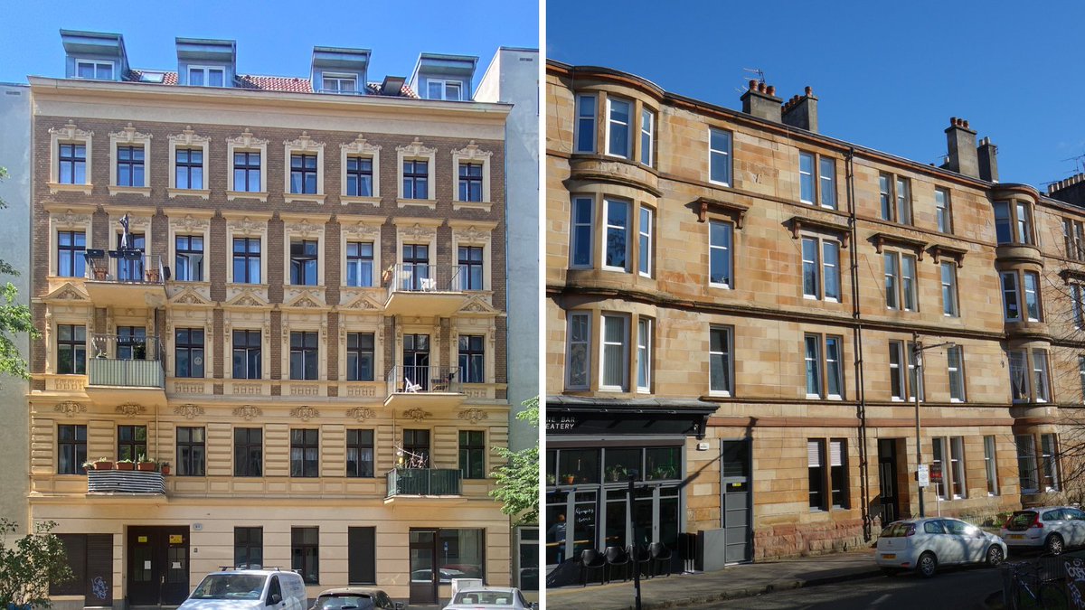 #architectureandenergy Tenements from local materials, both built ca. 1890: brick in Berlin (left), where stone was unavailable, and sandstone in Glasgow. The use of stone led to much lower embodied energy per m2 in the Glasgow example—a model for future construction?