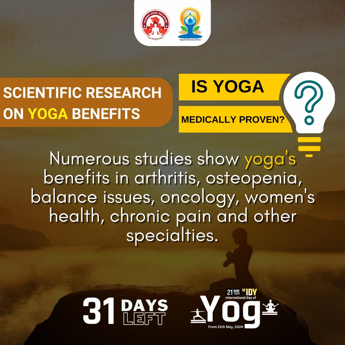 Scientific Research on Yoga Benefits
Is yoga medically proven?
Numerous studies show yoga's benefits in arthritis, osteopenia, balance issues, oncology, women's health, chronic pain and other specialties.

31 Days left to International Day of Yoga 2024
#IDY2024