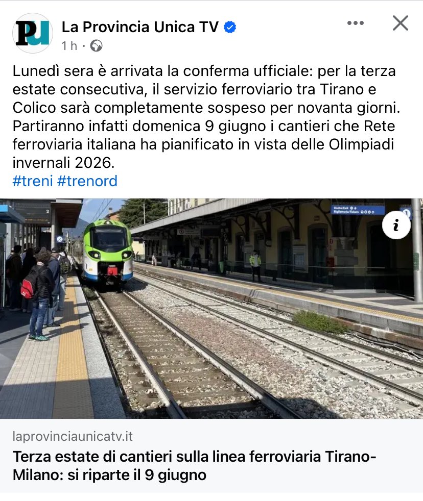 Finora si può tranquillamente affermare che i lavori svolti nelle due estati precedenti si sono rivelati un fallimento totale, su tutta la linea.
Vedremo se, con la terza estate consecutiva senza #treni, avremo miglioramenti.

#Trenord #Valtellina #MilanoCortina2026 #treno