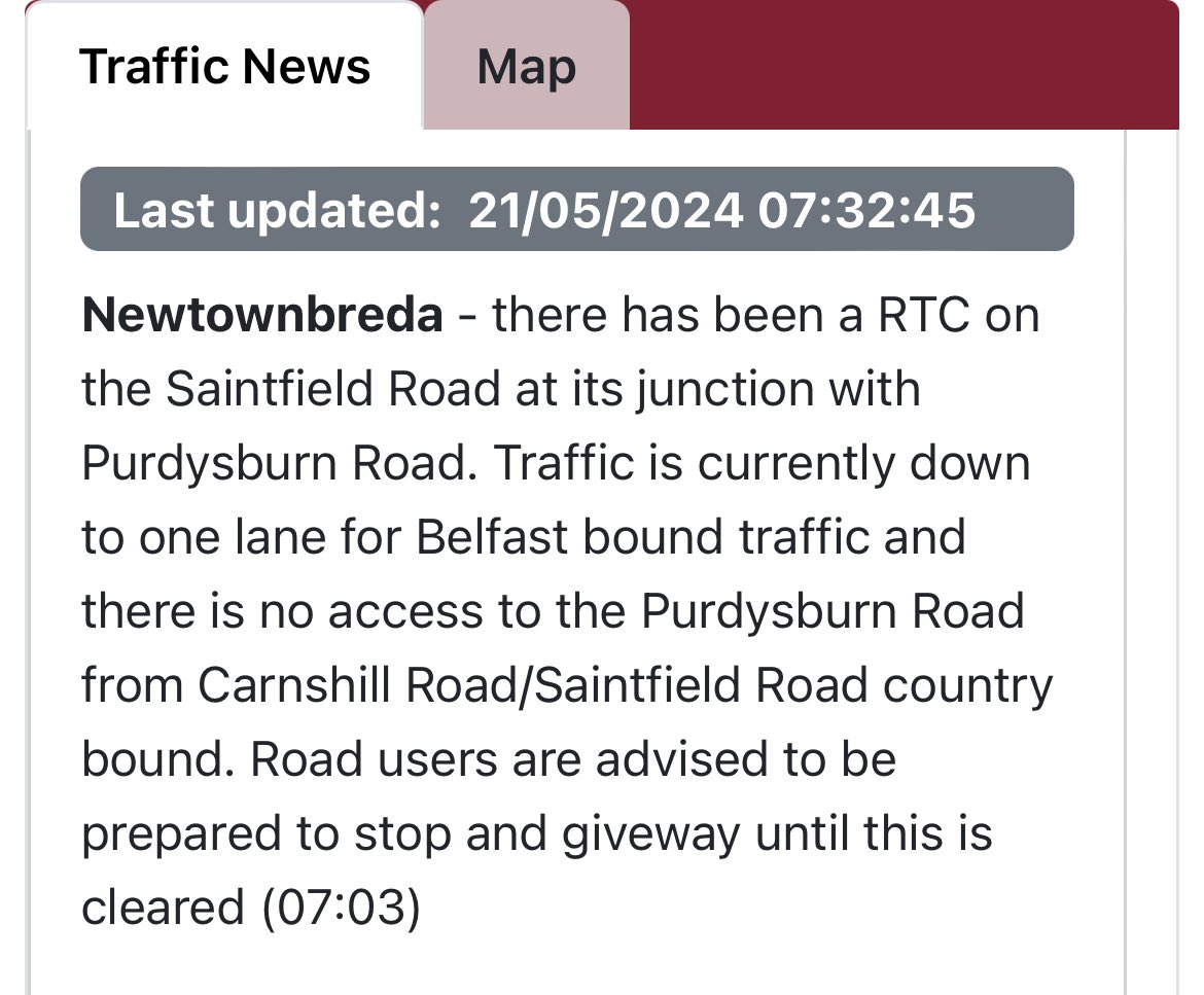 Traffic collision impacting city bound traffic on Saintfield Road⬇️⬇️ Read below - will impact park and ride users and St Ita’s parents