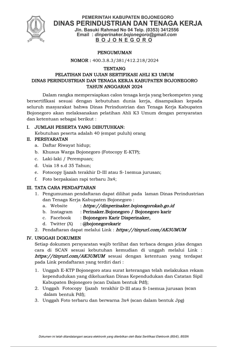 Bojonegorokarir's tweet photo. Hai #SobatNaker

Ada Info Menarik Nih.
Pemerintah Kabupaten Bojonegoro melalui 
Dinas Perindustrian dan Tenaga Kerja akan melaksanakan
Pelatihan Ahli K3 Umum bagi Pencari Kerja.

SobatNaker dapat mendaftarkan diri melalui : 
https://t.co/nCjO12U9mw https://t.co/V2pXxOjr1z