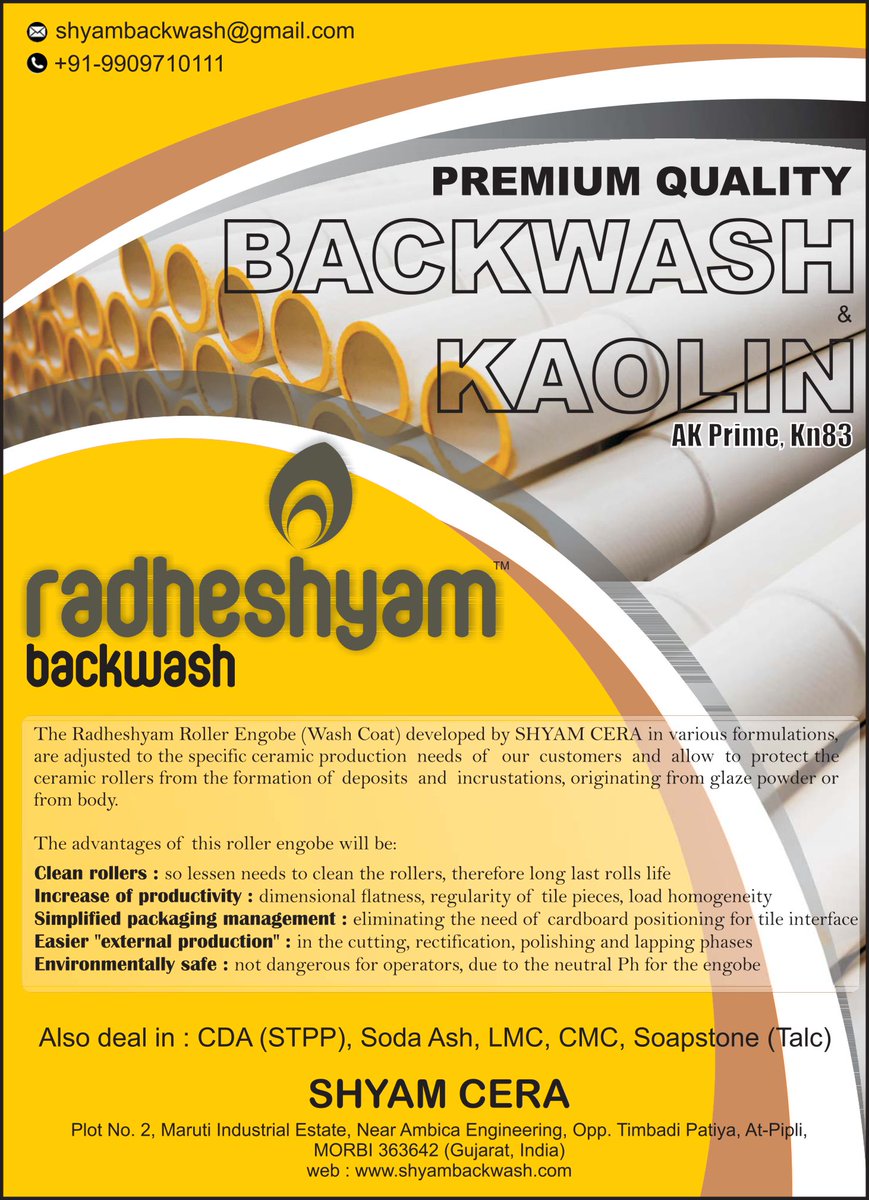 Shyam Cera, Ceramic Raw Material, Ceramic India ceramicindia.com/company-detail… #ceramic #raw #materials #machinery #spareparts #chemical #roller #grinding #chinaclay #digitalink #color #frit #zincoxide #refractory #feldspar #sodapotash #tiles #sanitarywares #india #morbi #gujarat