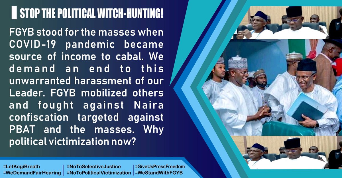 Shab990's tweet photo. FGYB mobilized others and fought against Naira confiscation targeted against PBAT and the masses. Why political victimization now?

#WeSayNoToPoliticalVictimization
#WeStandWithFGYB
#LetKogiBreath
#NoToSelectiveJustice
#GodMorningTuesday 
#NonPuoiSapere https://t.co/ZIJeZN2lCJ