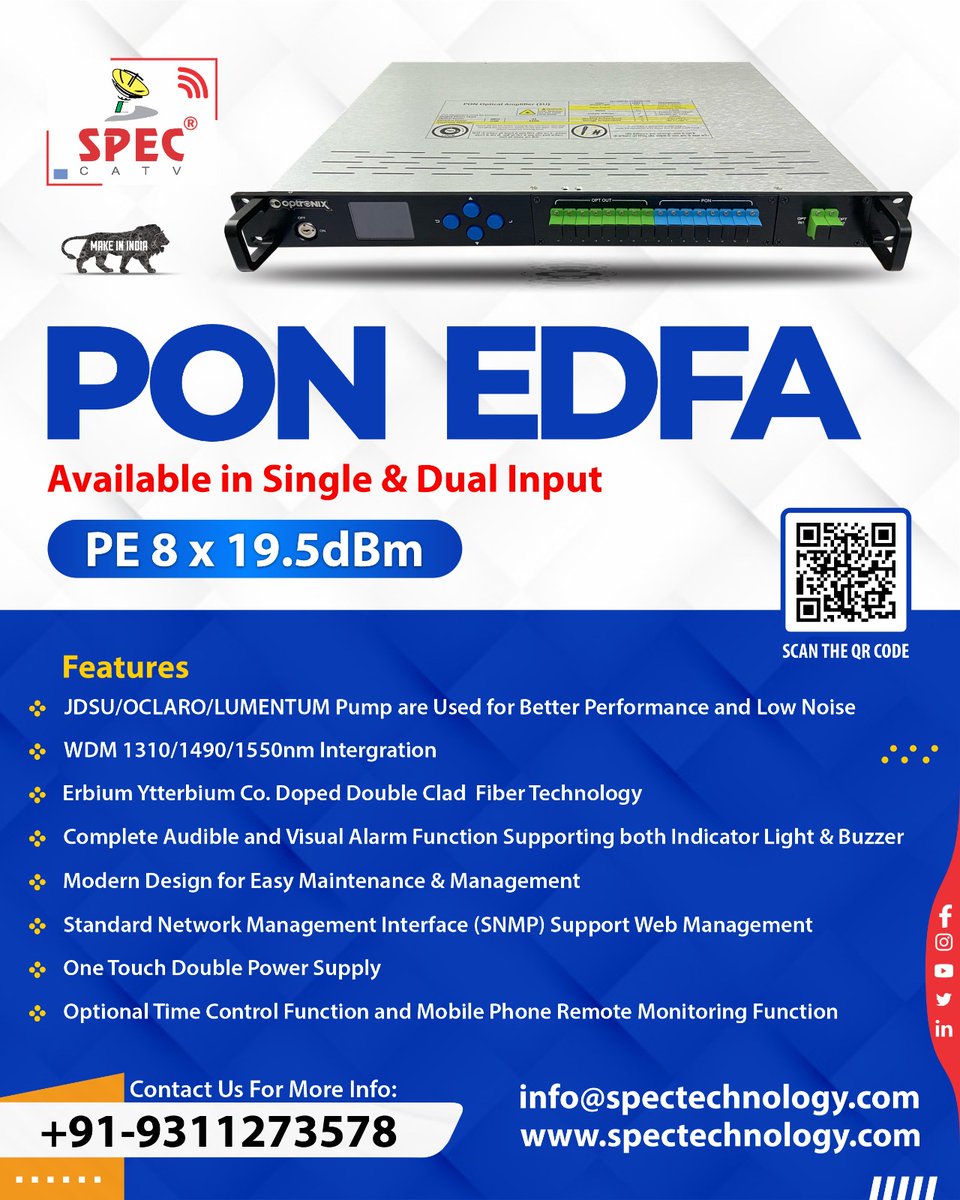 Optimize Your Network Performance with Single/Dual Input 8-port 19.5 dBm #PONEDFA - @spectechcorp 
.
Available in Single Input/Dual Input PON EDFA..

Book Now! our Website- spectechnology.com/high-power-pon… 

#catv #edfa #TechUpgrade #Spec