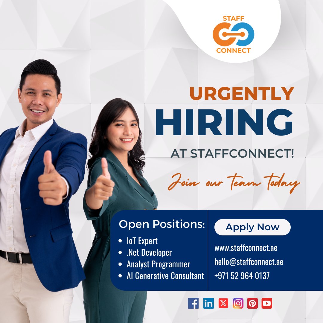 We Are Hiring Open Position:

🌐 staffconnect.ae

#staffconnectuae #iotexpert #dotnetdeveloper #analystprogrammer #allgenerativeconsultant  #innovativetech #digitaldevelopment #algorithmmaster #aiconsultant #techinnovator #dubaijobs #jobsindubai #jobsinuae #uae