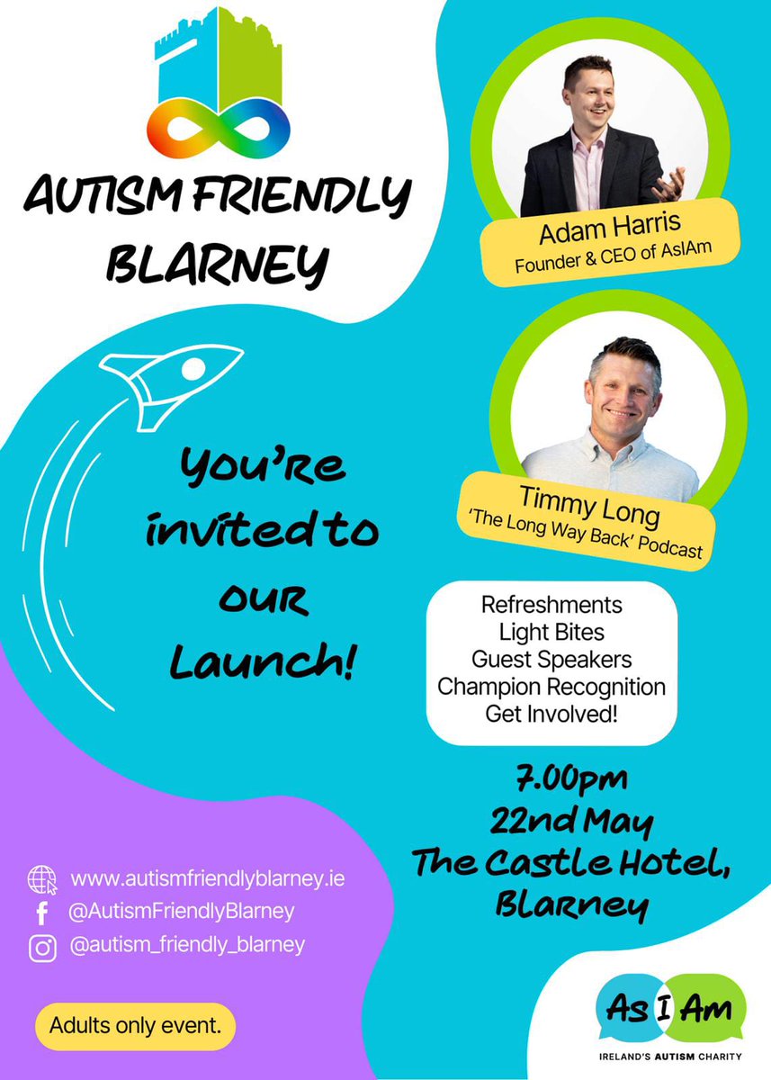 All welcome to #Blarney's Autism Friendly launch tomorrow with @AdamPHarris 🎉 We have had such a huge response of enthusiasm and support from all local businesses. It really makes me excited about the changes coming to make my little town #Autism aware and accepting.