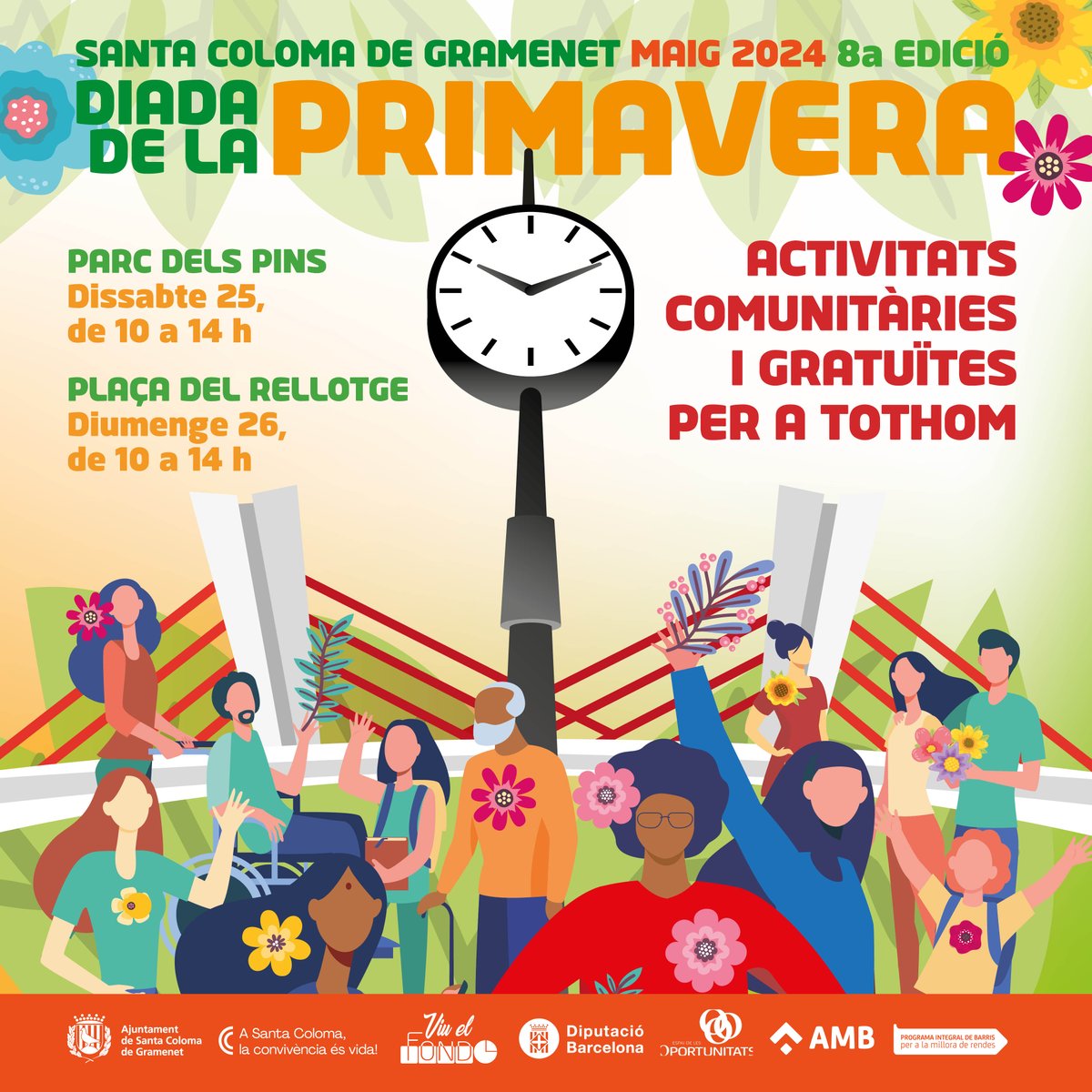 📢 Torna la Diada de la Primavera! 🌸
#santacolomaésvida
La festa de la convivència i la diversitat enguany tindrà dues localitzacions: aquest dissabte 25 de maig al Parc dels Pins i el diumenge 26 de maig a la plaça del Rellotge, ambdues de 10 a 14 hores