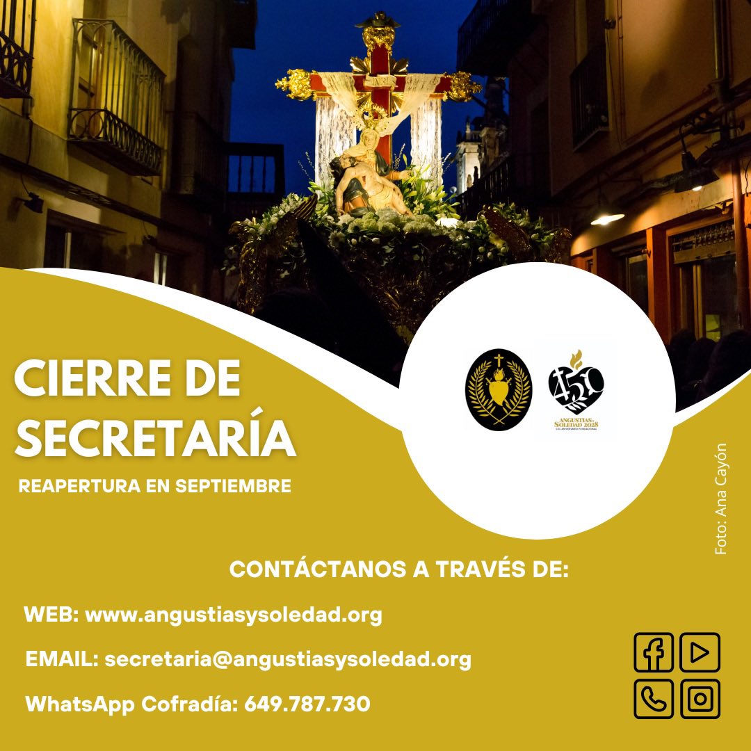 Cierre de Secretaría.

La Cofradía informa del cierre de Secretaría en la Casa de Hermandad,  retomando la atención al público de forma presencial en el mes de septiembre.