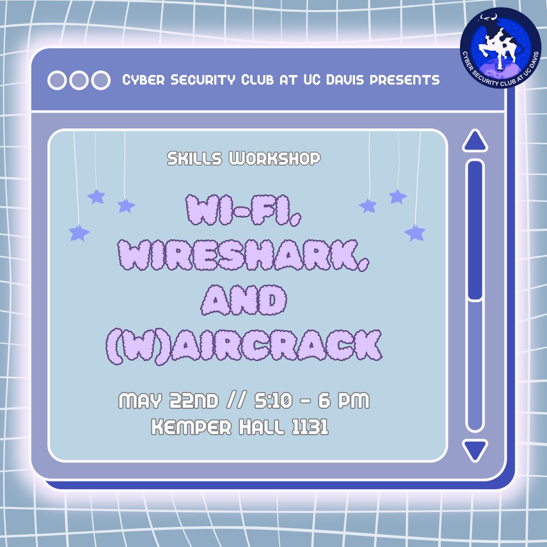 daviscybersec's tweet image. Want to learn the ins and outs of attacking a Wi-Fi network? This week’s workshop will take you through everything you need to know to sniff traffic and crack passwords! We’ll also be doing live demonstrations with a real router!