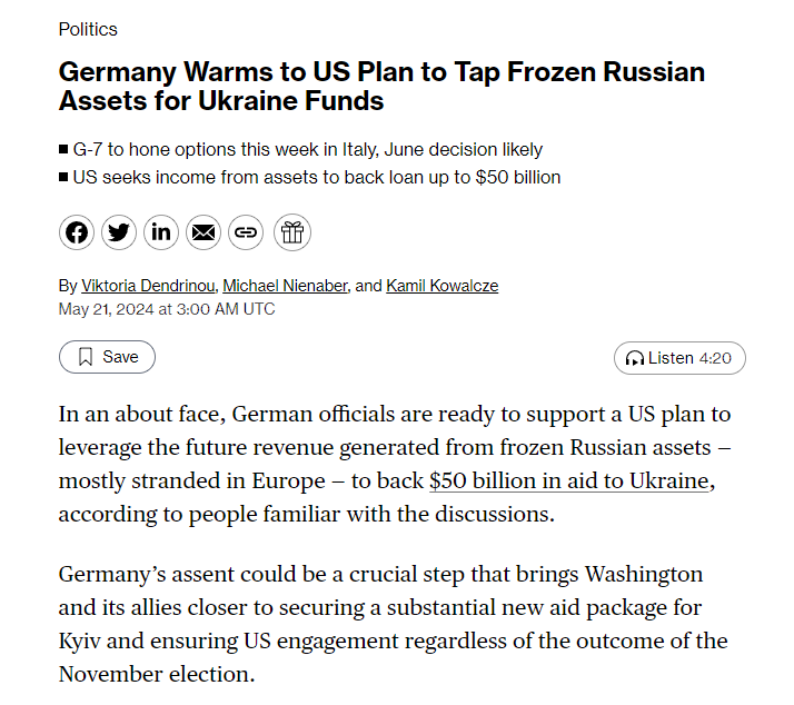 German officials are ready to support a US plan to leverage the future revenue generated from frozen Russian assets, mostly stranded in Europe, to back $50 billion in aid to Ukraine. The subject is expected to dominate talks at a meeting between finance ministers and central bank