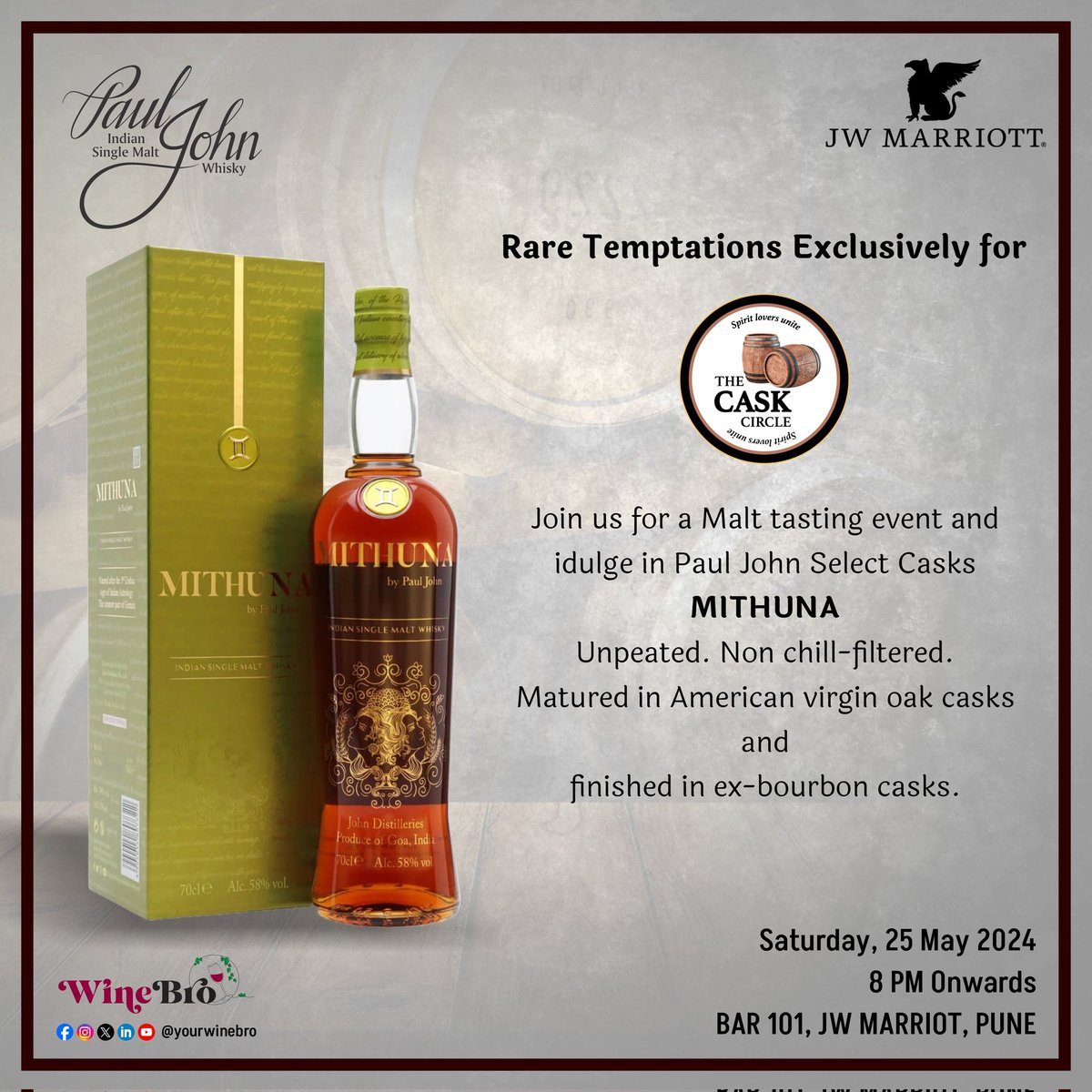 yourwinebro's tweet photo. BAR 101, JW MARRIOTT, PUNE
SATURDAY 25th MAY | 8 PM ONWARDS

For reservations and more information, contact:
98502 05902
https://t.co/MjKih9v648

#WineBro #pauljohn #whiskey #malt #whisky #whiskeytasting #whiskeytourism #whiskeygram #whiskeylover #whiskeylife #whiskeynews https://t.co/bfbFlX9CCg