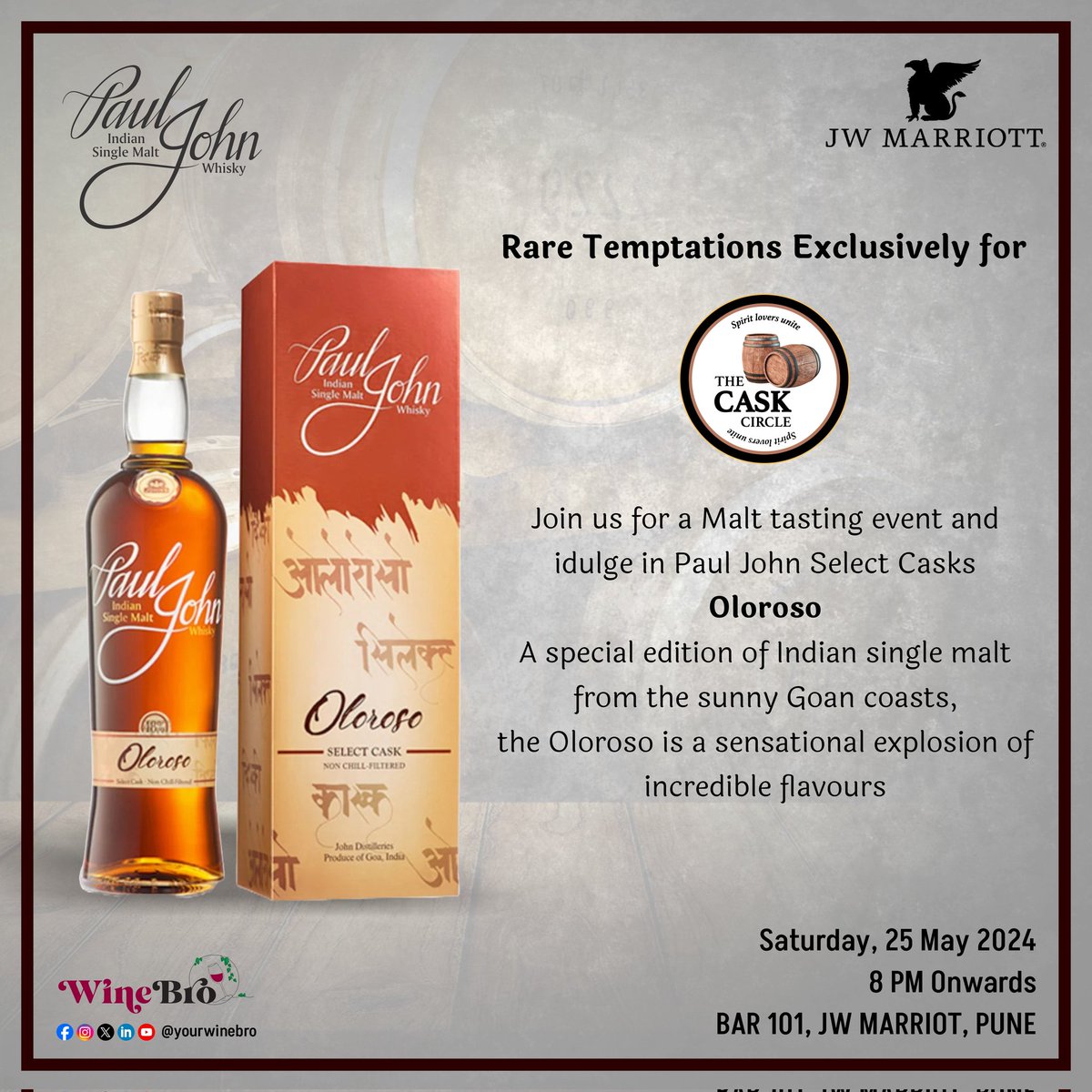 yourwinebro's tweet photo. BAR 101, JW MARRIOTT, PUNE
SATURDAY 25th MAY | 8 PM ONWARDS

For reservations and more information, contact:
98502 05902
https://t.co/MjKih9v648

#WineBro #pauljohn #whiskey #malt #whisky #whiskeytasting #whiskeytourism #whiskeygram #whiskeylover #whiskeylife #whiskeynews https://t.co/bfbFlX9CCg