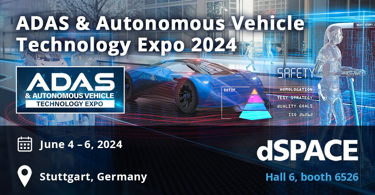 dSPACEglobal's tweet photo. 📅 Mark your calendars for the ADAS &amp; Autonomous Vehicle Technology Expo!

You can look forward to a wide range of #ADAS/#AD topics and powerful solutions for validation and testing.
 
https://t.co/YVRQVq3TDe https://t.co/svMzKaKvBo