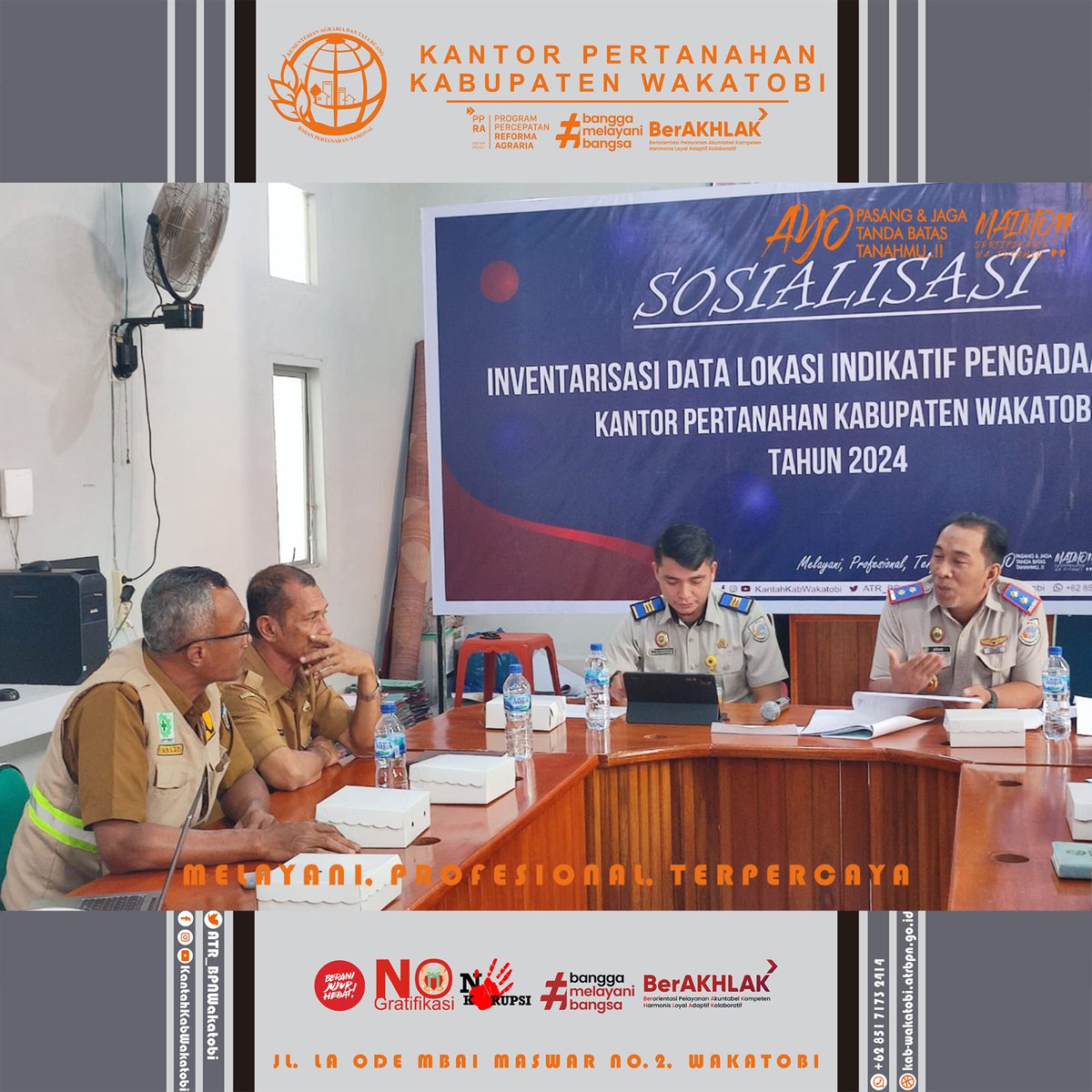 Halo #SobATRBPN Wakatobi,

Selasa, 21 Mei 2024,
Bertempat di Aula GTRA Summit Kantor Pertanahan Kabupaten Wakatobi, Seksi Pengadaan Tanah dan Pengembangan Kantor Pertanahan Kabupaten Wakatobi melaksanakan kegiatan Sosialisasi Inventarisasi Data Lokasi Indikatif Pengadaan Tanah