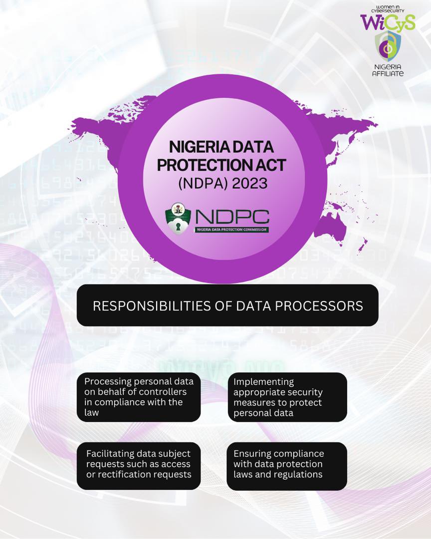 Today, we are exploring the role of data processors under NDPA 2023. From ensuring secure data handling to upholding privacy rights, they're the backbone of data protection. 🔒💻 #DataProcessors  #NDPA2023#PrivacyCompliance #PrivacyRights  #PolicyTalks #WiCyS #CybersecurityGRC
