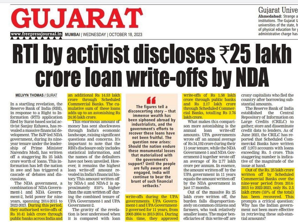 @AbhishBanerj As per report published in freepress journal Rs.25 lakh crore were written off in 9 years and only Rs.2.5 lakh crore could be recovered
In absence any info how the shortfall of Rs.22.5 lakh crore made then how PSBs have achieved profit of Rs.1.4 lakh crore?
Is this report fake?👇