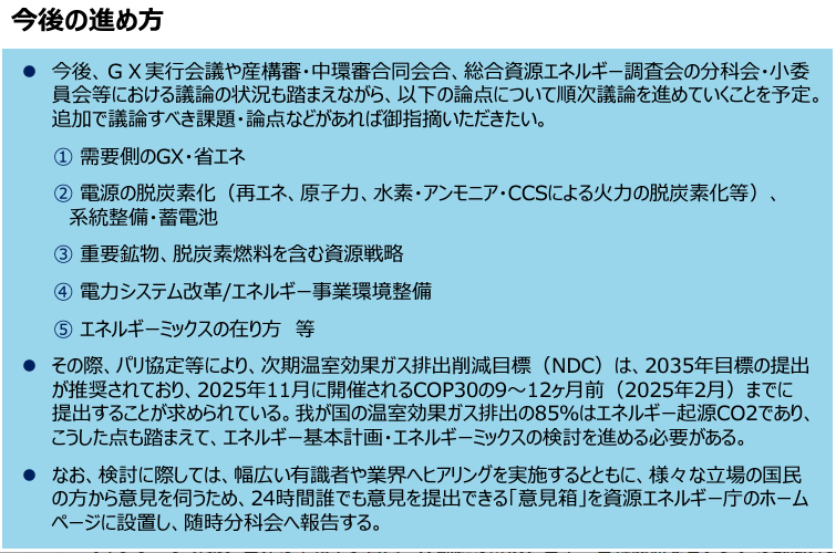 政府のエネルギー基本計画改定の検討が15日開始。経産相は「輸出で稼いだ34兆円の国富を化石燃料輸入で全て失っている」と指摘し脱炭素の加速が急務と発言。
1.5℃目標に向けた対策強化が急務な中、2035、2040年の温室効果ガス削減目標や電源構成が脱炭素を実現する意欲的なものになるかが論点。(1/2)