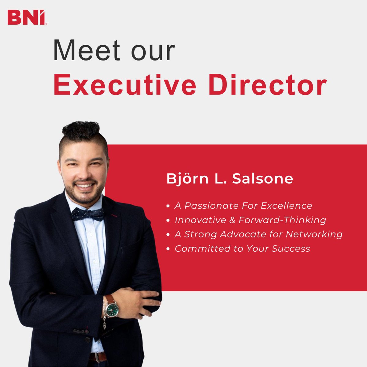 🌟 Meet Our Executive Director: Björn L. Salsone 🌟

We are thrilled to shine the spotlight on Björn Salsone, our dynamic Executive Director at BNI Cape Town South.

#Leadership #Innovation #NetworkingExcellence #BNI #BjornLSalsone #BNICapeTown