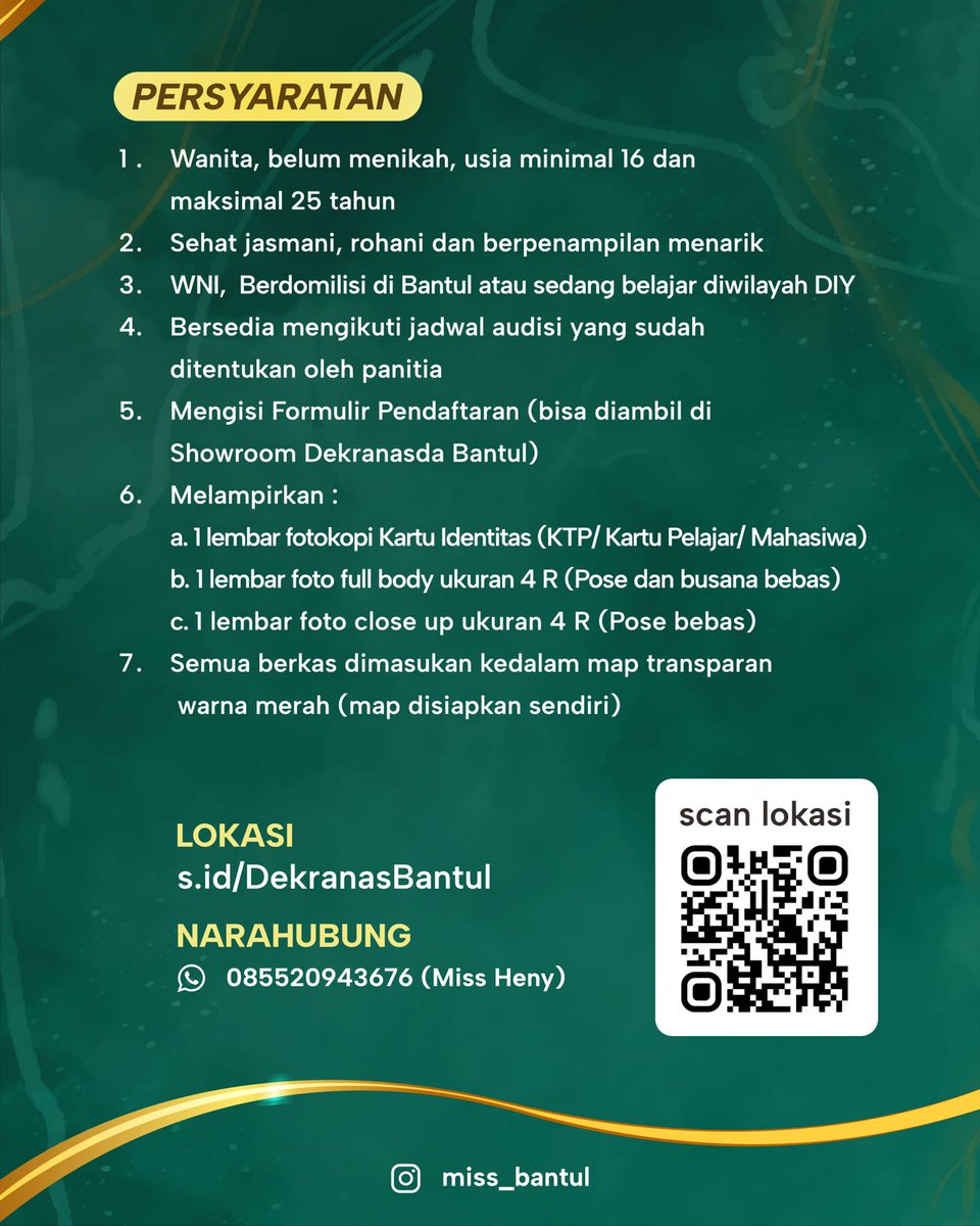 Miss Bantul Organization Bersama @dekranasda.bantul & @diskukmpp.bantul Kembali menggelar ajang pemilihan remaja putri berprestasi di Bantul. Bertajuk Pemilihan Miss Bantul 2024, merupakan pemilihan ke 10 atau 1 dekade. Mari persiapkan diri kalian dan jadilah bagian dari 1