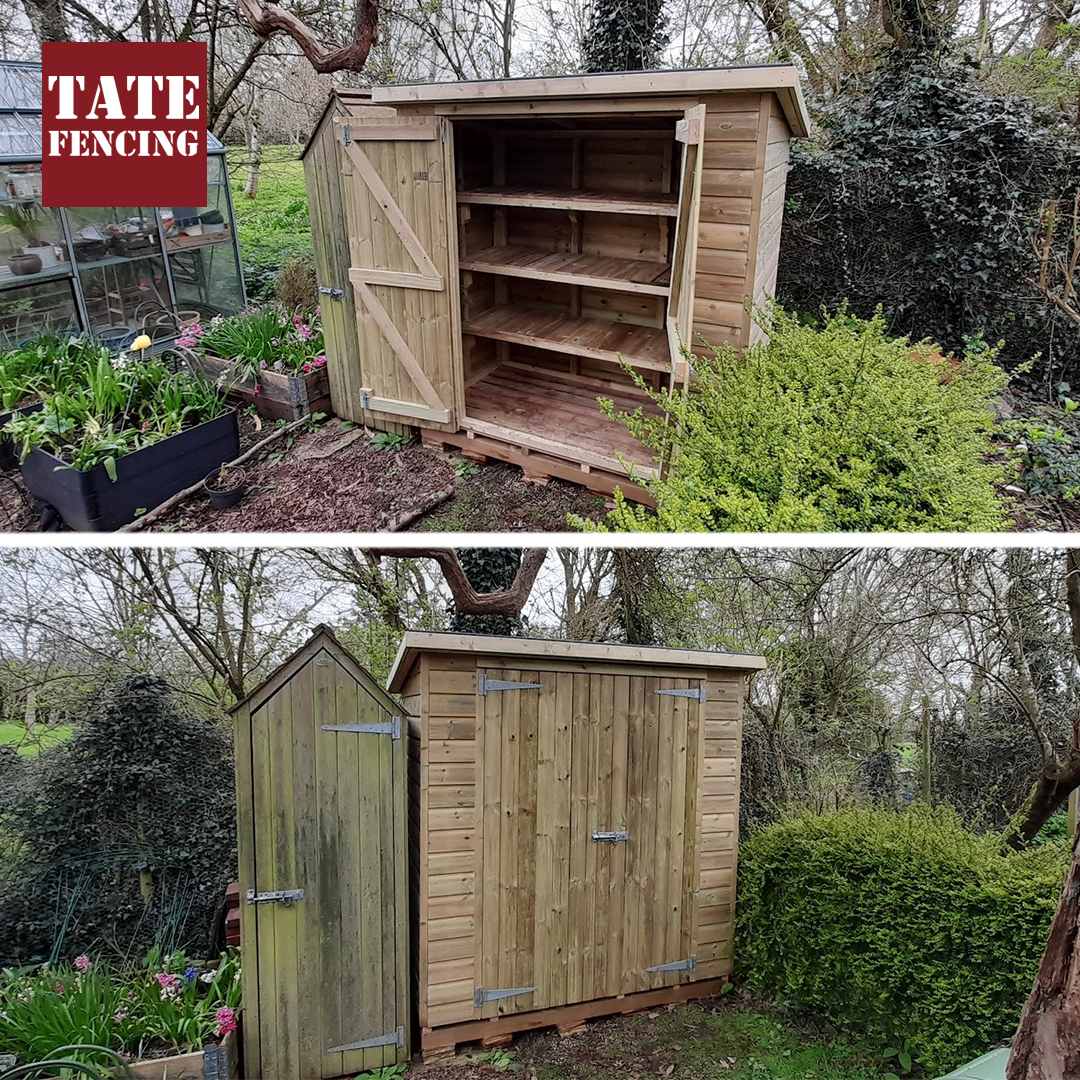 Installation of large tool store (1.8m x 0.9m) next to an old design of our very own Tate Sentry box! 
📍 Benenden, Kent

#toolstore #gardenstorage #gardenstore #timberstore #timberbuilding #gardenbuilding #toolstorage #tatefencing