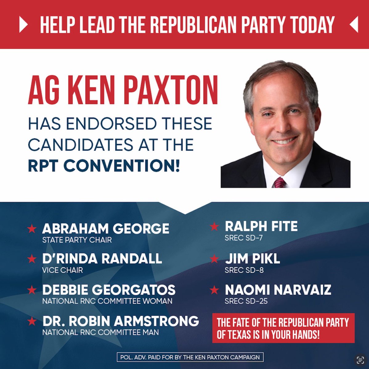 🚨ENDORSEMENT ALERT! @TexasGOP Convention has begun in San Antonio. I am happy to announce the endorsement of @abrahamgeorge and @RandallForTexas for Republican Party State Party Chair and Vice Chair. I have also endorsed @DebbieCanWeTalk for National Committee Woman, and Dr.