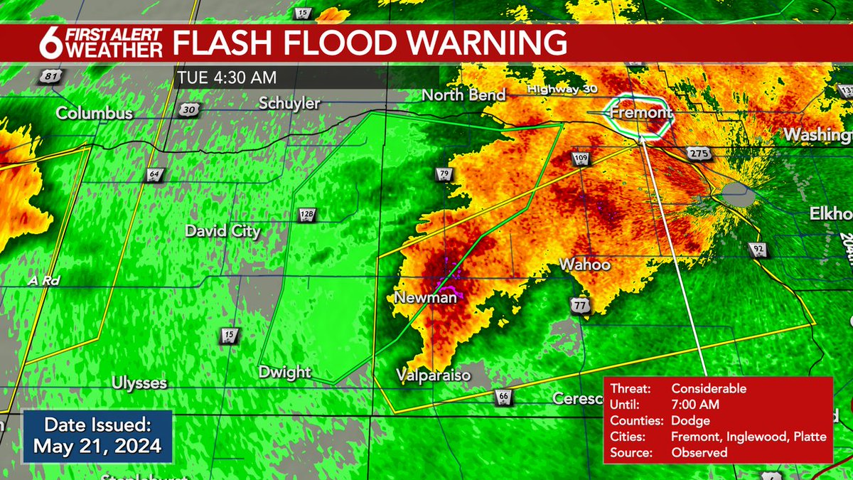 FIRST ALERT: A Flash Flood Warning is currently in effect for Butler, Saunders counties until May 21 10:00AM. Get the latest information on 6 News and our WOWT First Alert Weather app.