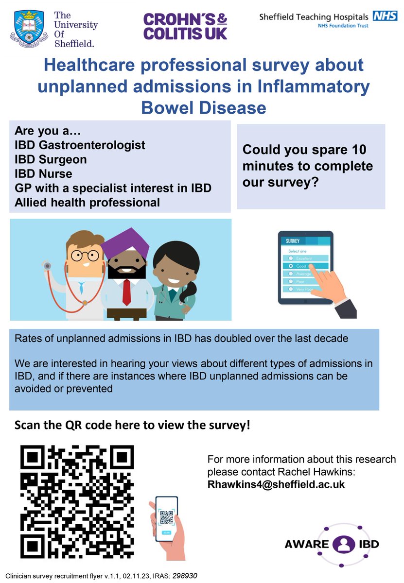 *CLOSING SOON*
#IBDconsultants #IBDnurses #AlliedProfessionals working in #IBD care in the UK & around the world..

Can you spare 5 mins to share your views about avoidable or preventable hospital admissions in IBD?

shef.qualtrics.com/jfe/form/SV_5t…

Please share! Thank you 🙏