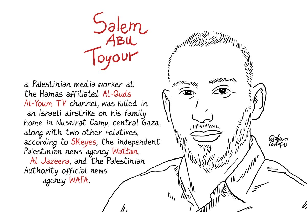 Salem Abu Toyour, a Palestinian media worker at the Hamas affiliated Al-Quds Al-Youm TV channel, was killed in an Israeli airstrike on his family home in Nuseirat Camp, central Gaza, along with two other relatives, according to @SK_Eyes, the independent Palestinian news agency