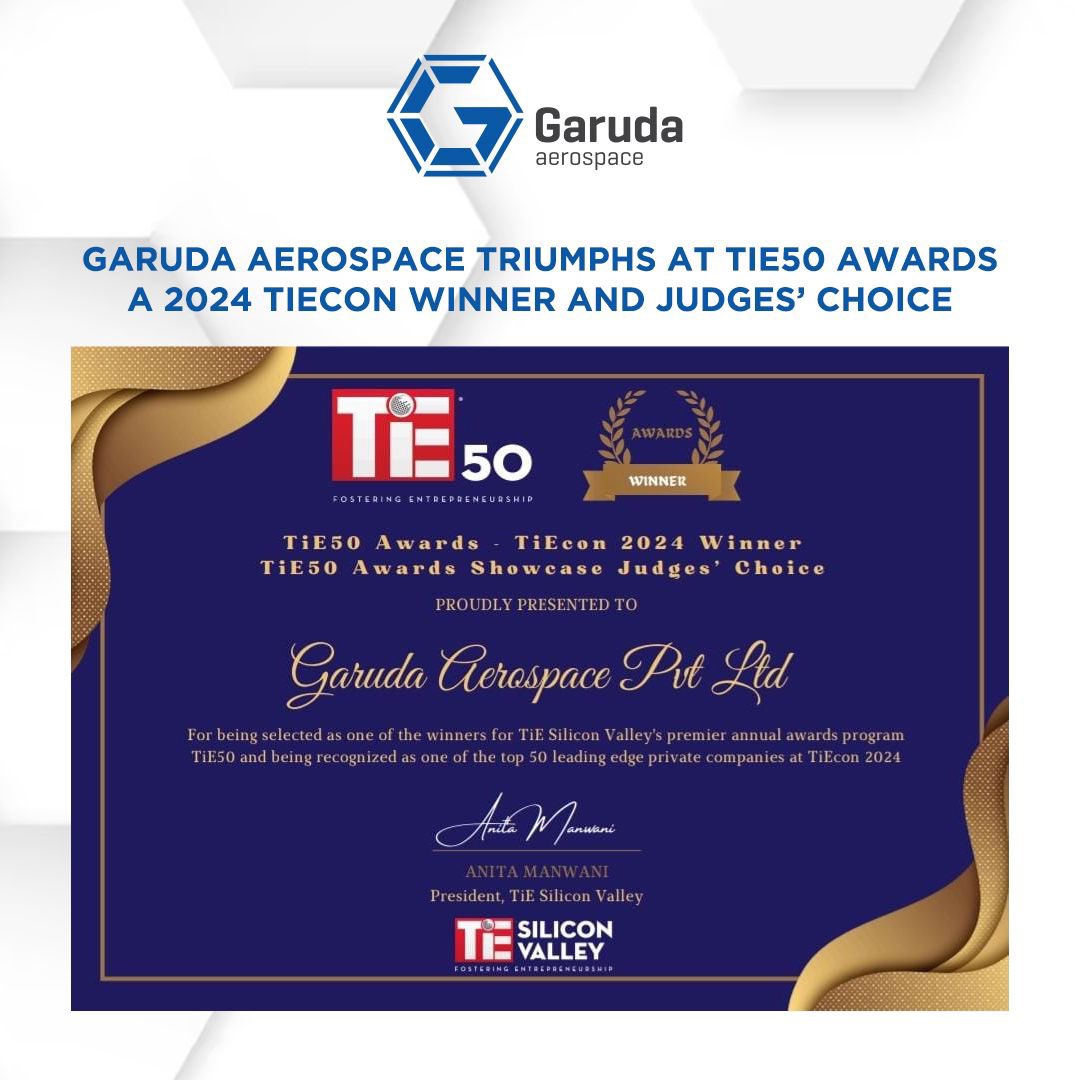 Garuda Aerospace proudly announces its monumental win at the TiE50 Awards at TiEcon 2024! 

We’ve been honored as a Winner and Judges’ Choice, recognizing our leadership and pioneering advancements in the aerospace industry. 

This accolade underlines our commitment to innovation